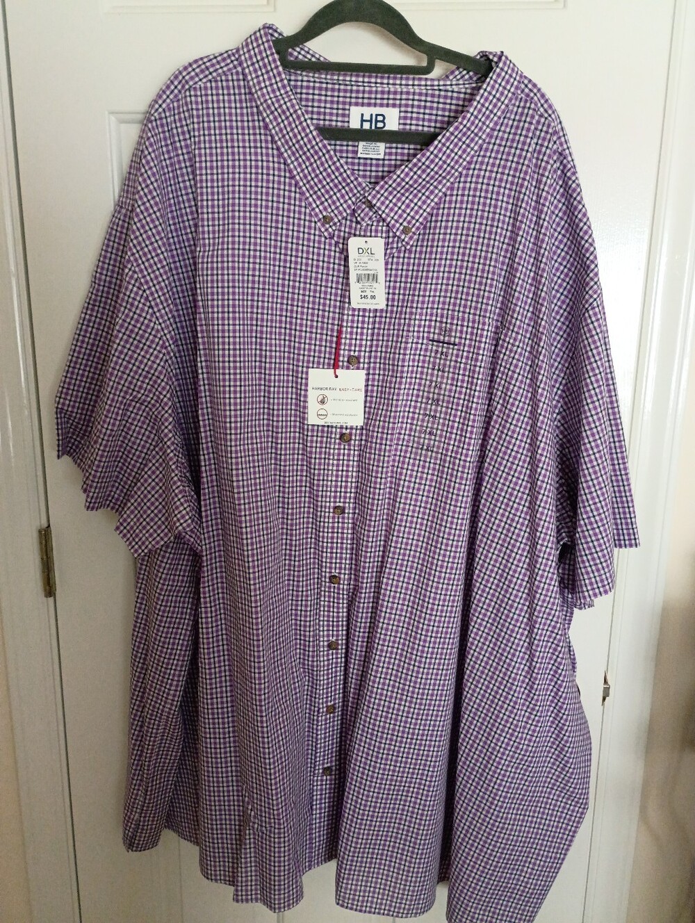Men's HB Fit By DXL Purple Check Button-Down Short Sleeve Shirt Size 7XL